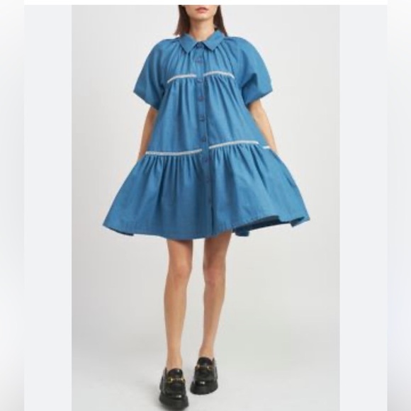 En Saison Tuckernuck Tara Puff Sleeve Tiered Babydoll Dress NWOT Cotton Denim - Picture 10 of 10